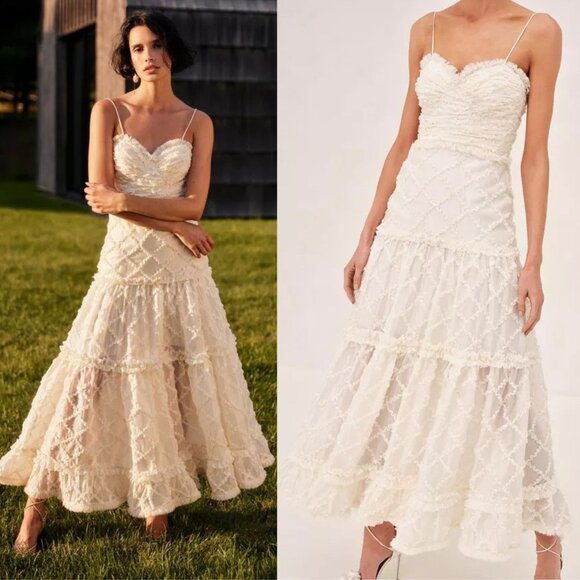 Alexis Rasa Dress Natural Ivory Midi Tiered Fringe Size L - Picture 1 of 12